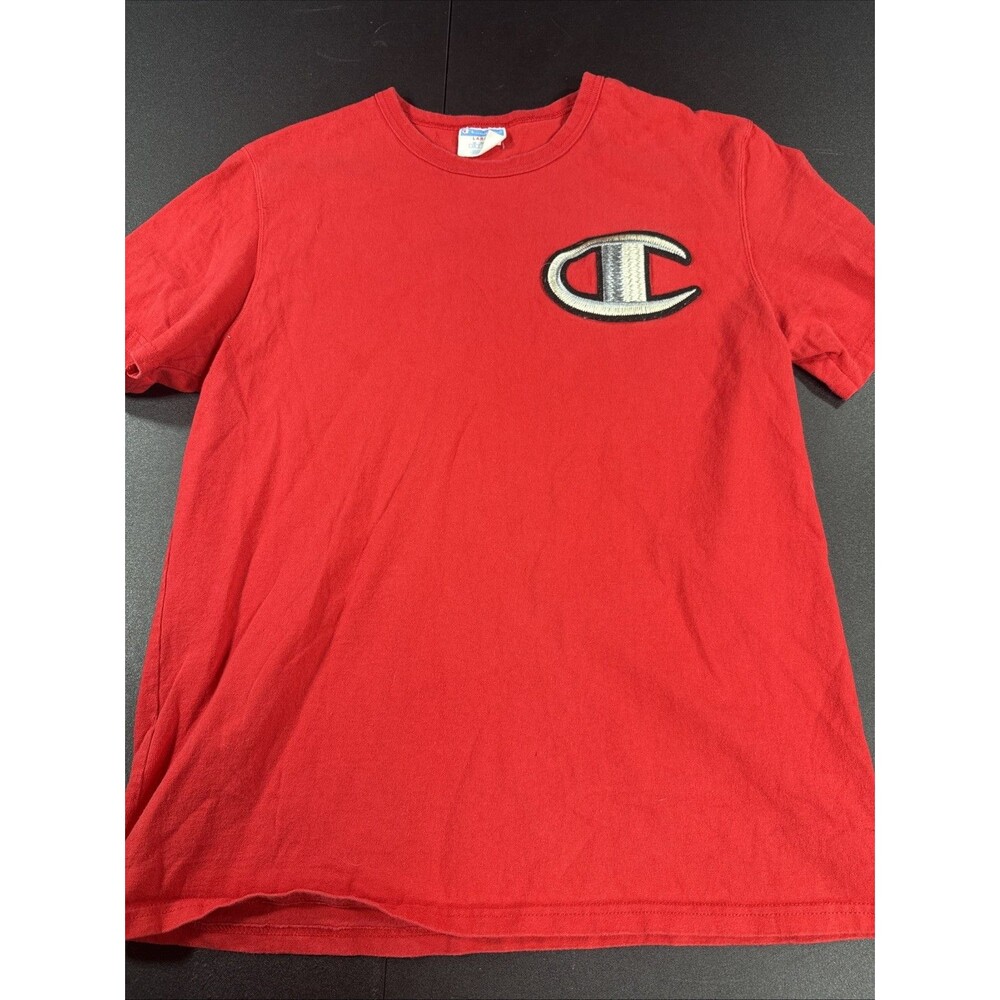 Vintage Champion Big Embroidered Stitched Logo T-shirt Mens Size Large Red